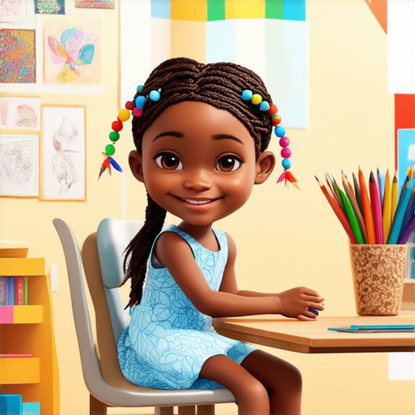 Jeune fille africaine de 8 ans portant une robe bleue ciel ornée de motifs traditionnels, ses cheveux tressés en nattes complexes avec des perles multicolores intégrées, souriant joyeusement, assise sur une chaise conçue pour enfant devant un bureau d'école en bois de teinte claire. La salle de classe est baignée de lumière naturelle et détaille des murs décorés avec des fournitures scolaires diverses et des dessins colorés créés par des enfants. Une enseignante bienveillante est discrètement présente à l'arrière-plan, supervisant la classe sans être l'élément central de l'image