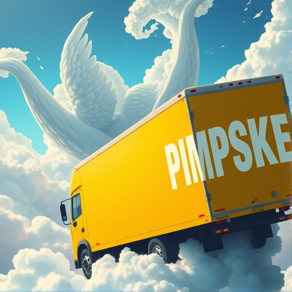 In heaven, all yellow moving truck that says the word "PIMPSKE" ON THE SIDE of trailer, black driver waving out window, truck is driving into heaven