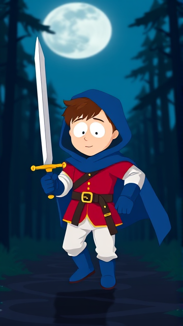 Clyde Donovan from South Park, light skin and brown hair, but as a 14-Year Old, dressed as a medieval prince with a red shirt with white sleeves, a black belt with a gold buckle, white pants, blue boots, blue long-cuffed gloves, and wreathed in a big blue hooded cape, now known as Prince Donovan. Despite still being a kid, he is the Youngest Ruler of South Park, Colorado, but now reborn as the real life Kingdom of Kupa Keep, Zaron, and Prince Donovan is its youngest and greatest hero. His weapon is the legendary enchanted sword called the Sword Of Zaronia, which he swings with pride as he slashes his enemies down to size. The young teenage prince of Kupa Keep is currently walking through the forest at night, on a quest to find a mysterious enchanted artifact.