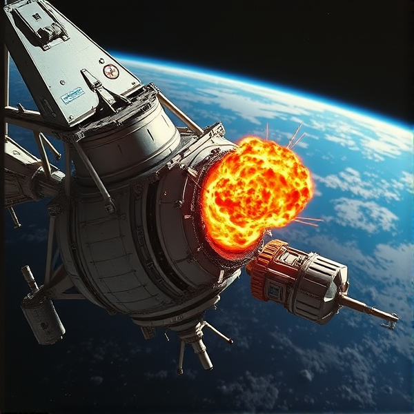 Apollo 13 spacecraft in high detail, capturing the moment of the oxygen tank explosion with visible damage, set against the backdrop of space and Earth in the distance