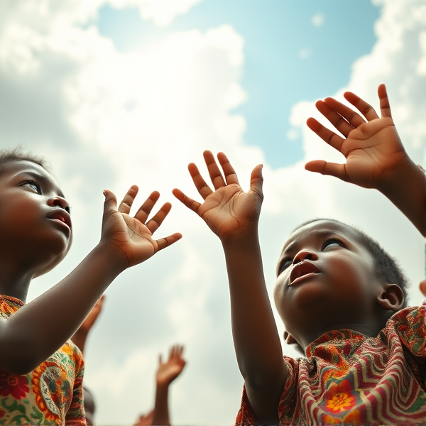 Image d'enfants africain pleurant main vers un ciel nuageux lumineux