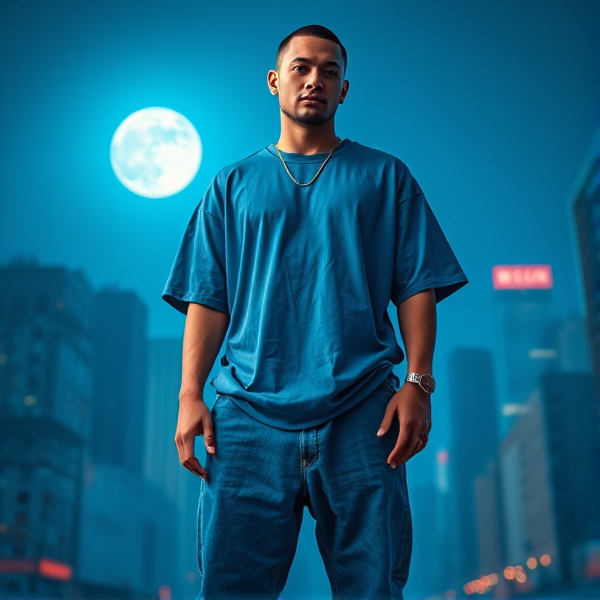 A oversized baggy T-shirt for a streetwear brand named stacked with baggy blue jeans