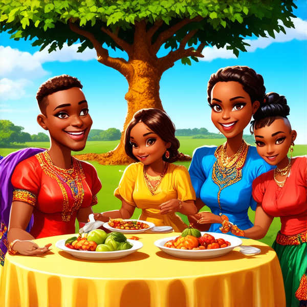 prompt: Un grand repas de famille traditionnel en plein air sous un baobab en Afrique, avec des plats locaux colorés et variés, des fruits exotiques, une grande nappe colorée, des hommes et femmes africains vêtus de tenues traditionnelles multicolores souriants et partageant un moment convivial