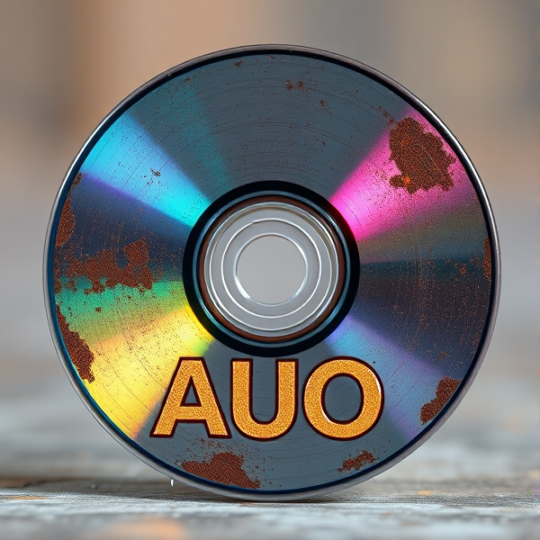 A weathered, oxidized compact disc with intricately etched "AUO" letters that shimmer, placed just below centre. The CD is angled to catch the light, emphasizing its rustic texture.