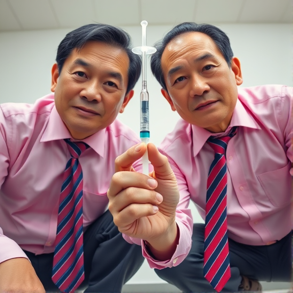 Deux hommes d'affaires japonais senior , vêtus de chemises roses, sont accroupis. Ils arborent des cravates longues et soyeuses avec des rayures bleues et rouges. Leurs regards sont fixes, pénétrants et pleins d'assurance vers l'objectif de la caméra. Les hommes tiennent une seringue plantée profondément dans le cerveau de l'observateur comme s'ils allaient injecter quelque chose dans le cerveau. La prise de vue est en contre-plongée pour accentuer leur présence imposante