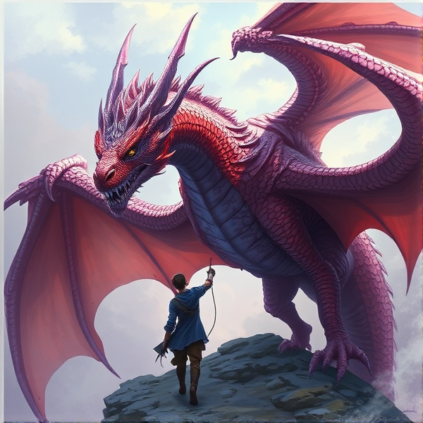 Dragonrider taming a majestic dragon, the dragon is faded red to purple
