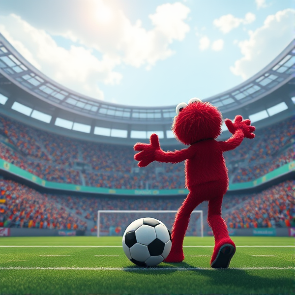 Elmo standing across form a soccer ball at the penalty line ready to take a free kick, there are thousands of people in the stands watching the free kick