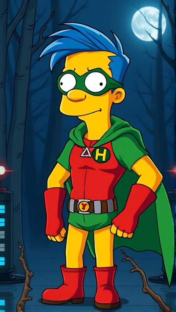 Milhouse Van Houten from The Simpsons, with his yellow skin, really big round nose, and blue hair that's slicked back and curled up at the top, but as an 18-year old teenager, dressed as a parody of Robin, The Boy Wonder, with an extremely muscular torso and arms, a green bodysuit with a red torso adorned with a green H symbol on his chest, a grey utility belt, red boots, red long-cuffed gloves, a big, heel-length long, ultra-wide green cape around his neck held up by a silver triangle pin, and a green eye mask with optical lenses in it, now known as Houseboy, The Nerd Wonder, the other half of Springfield's Dynamic Duo, and one of the greatest vigilante superheroes ever known in Springfield. He is currently standing in the forest at night, taking a break from his heroic duties to reflect on his growth and transformation into the vigilante he has become.