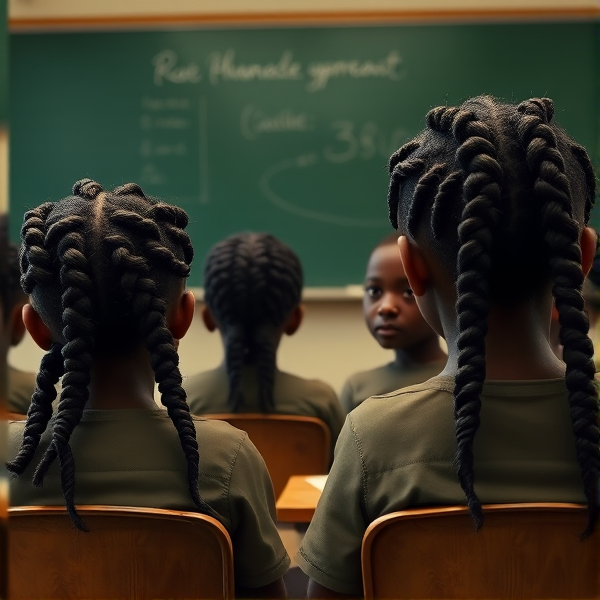 des filles noires de huit ans avec des tresses africaine et garçons assis dans une classe face au tableau vert