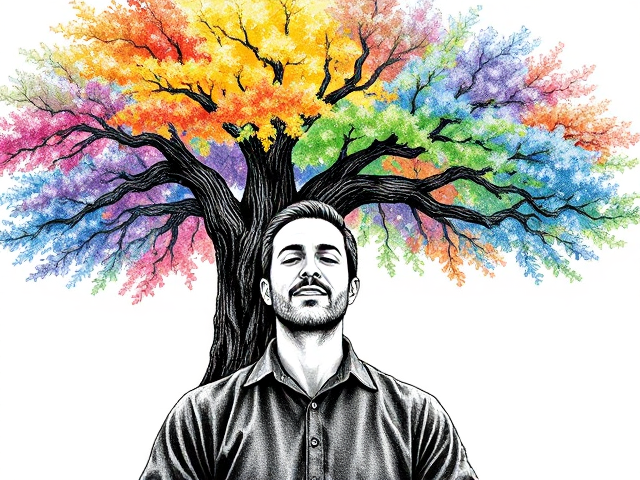 Dessin noir et blanc d'un homme sérieux mais souriant sous un arbre coloré après avoir médité les yeux fermés