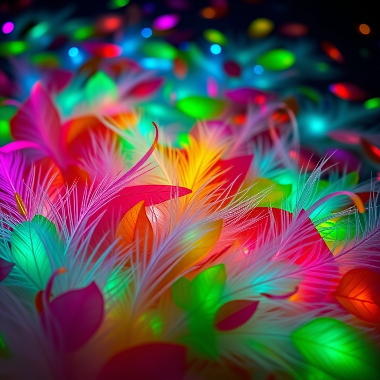 Feather wallpaper, colorful leaves scattered in groups, delicate light, bioluminescence, advanced colors, macaroon colors, transparent high-definition dew, clear leaf veins, realistic photography, Nikon, soft and bright colors, realistic color scheme, exquisite details, realistic, meticulous details