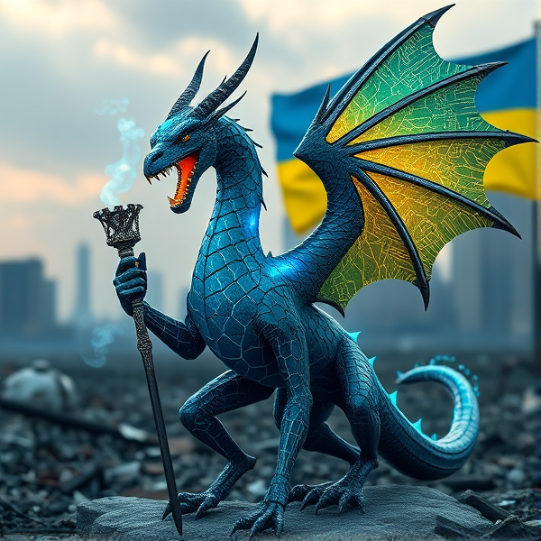 An exquisitely crafted wyvern, sleek and aerodynamic, with a pair of majestic wings adorning either side of its sinewy frame. Its scales are a marvel of complexity, akin to miniature circuit boards with interwoven lines that pulsate with an artificial glow, simulating the rhythmic beat of life. Plumes of digital smoke waft from its nostrils in sync with the deep, vibrating growls that reveal razor-sharp fangs aglow with electrical energy. Clutched in its clawed hand is a Caduceus staff, symbolizing healing and commerce. To honor cultural heritage and solidarity, elements reflective of the Ukrainian flag's blue and yellow hues are weaved into the creature's design. The wyvern stands dominant against a backdrop of stark ruin and decay characteristic of a world after collapse; in the distance unfurls the Ukrainian flag—halved horizontally, celestial blue atop vibrant yellow.