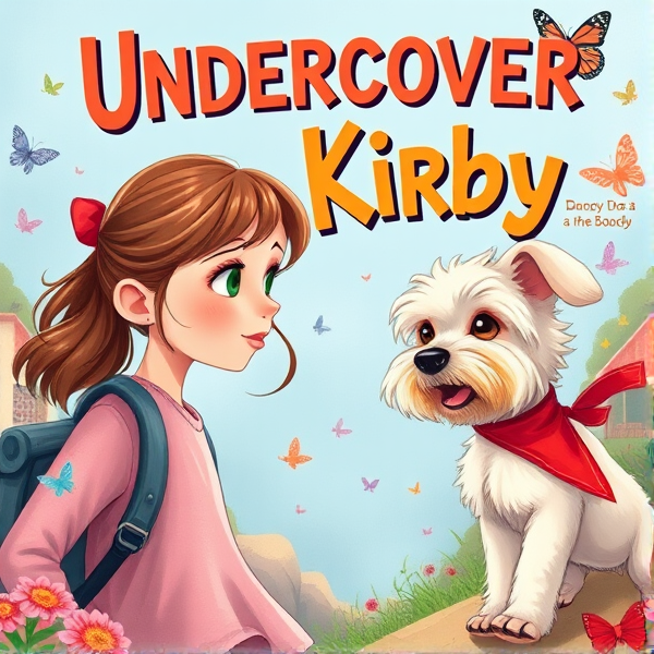 Bright and whimsical book cover design featuring a 10 year old with brown ponytail with red ribbon and small round green eyes as the protagonist on an adventurous journey, bursting with vivid colors and elements that appeal to 10-year-old girls such as butterflies and pretty birds, and friendly cream long haired small maltese terrier dog with long hanging ears and red bandana around neck looking happily at protagonist.. the girl is looking at reader. The artwork should capture the essence of a childlike wonder and the excitement of exploration, ideally incorporating symbols of adventure like compasses, binoculars, or hidden paths. The typography should be bold and inviting, resonating with young readers' imagination and sense of fun. The title is: Undercover Kirby. The style should realistic hand drawn illustration