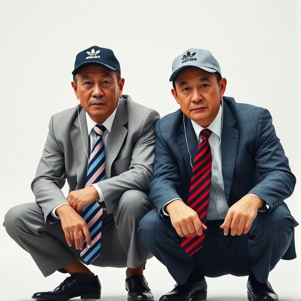 Deux  différents hommes d'affaires japonais puissants mature  accroupis et faché  portant des casquettes Adidas  et des cravates rayées longues  bleue rouge et oreillettes Apple 
Ils sont complices et conquérants , ils dominent 
 , accroupis pas trop et regard fort