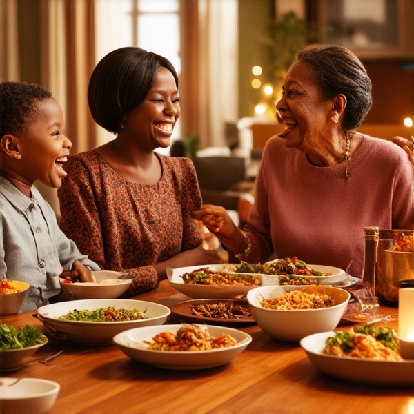famille nombreuse africaine animée et souriante, partageant des rires et des conversations chaleureuses autour d'une grande table en bois abondamment fournie en mets traditionnels colorés et appétissants typiques de la 'soul food'. Différentes générations, des grands-parents aux petits-enfants, dégustent ces plats dans une salle à manger éclatante de lumière et décorée avec goût pour l'événement, où la joie et la convivialité rayonnent