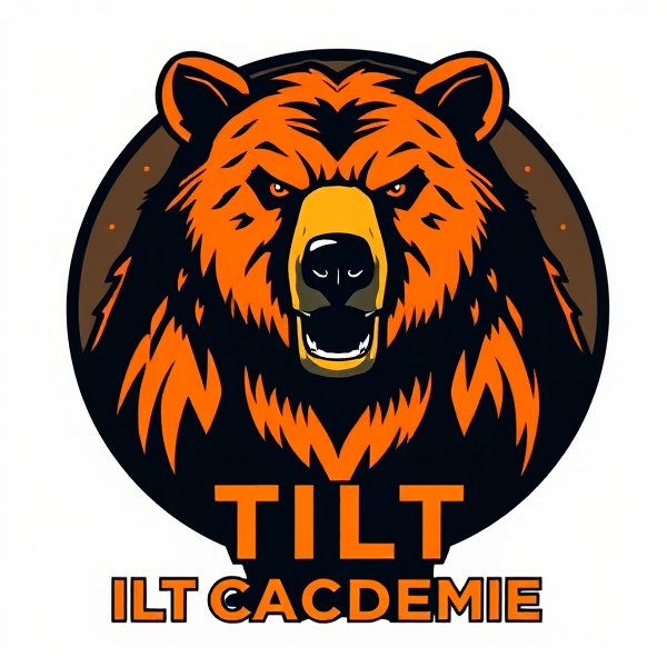 Conception d'un logo sophistiqué avec un ours grizzly majestueux et imposant, illustré avec des détails fins et réalistes, dans des teintes éclatantes d'orange et de noir. Le grizzly doit être représenté dans une pose noble qui reflète sa puissance. Incorporer le texte 'Tilt Académie' avec une typographie élégante et moderne qui s'harmonise parfaitement avec l'image, créant ainsi un ensemble cohérent et esthétiquement agréable. Les lettres doivent se fondre naturellement dans la conception sans perturber l'image du grizzly. Style artistique raffiné requis pour une image de haute qualité professionnelle.Tilt académie