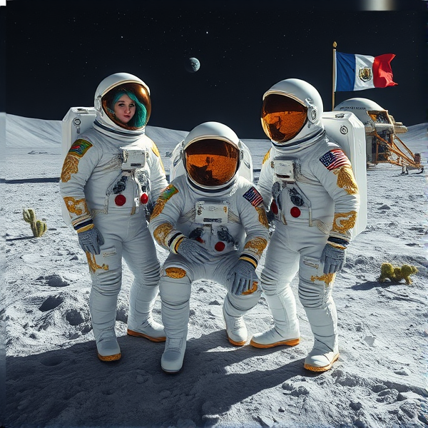 Trois astronautes, dont un humain et deux extraterrestres aux physionomies distinctes et fascinantes, prennent la pose sur le sol lunaire recouvert d'un régolithe scintillant. À gauche, un extraterrestre arborant une chevelure d'un bleu émeraude luxuriant semble léviter en impesanteur derrière son casque transparent. Ils sont tous les trois vêtus de combinaisons spatiales blanches raffinées ornées de motifs dorés élaborés et parsemées d'incrustations perlées qui scintillent sous l'éclairage, rehaussées par des finitions chromées miroitantes. Sur chaque combinaison est apposé un écusson unique représentant leur mission spatiale individuelle. Ils s'accroupissent pour manipuler des instruments scientifiques de haute précision avec des gants spécialement conçus à cet effet.

Dans le biodôme au style futuriste fabriqué à partir de matériaux lunaires innovants, un astronaute plante délicatement des graines de pavot dans un jardin hydroponique éclairé par une lumière artificielle reproduisant le spectre solaire nécessaire à la photosynthèse. Les visières réfléchissantes de leurs casques renvoient l'image du paysage lunaire stérile alentour. Un module d'habitation surplombe la scène, avec le symbole du Québec gravé fièrement sur sa structure extérieure et offrant à travers sa fenêtre une vue lointaine sur la Terre.

Des équipements scientifiques de pointe voisinent avec des panneaux solaires agencés avec soin et un étendard du Manchester City Football Club est exposé près du module d'habitation, symbolisant la fusion entre l'esprit sportif et l'aventure spatiale.

Le relief lunaire est ponctué par de majestueux cratères qui tranchent avec les installations sophistiquées humaines et extraterrestres. Une lumière douce illumine cette colonie intergalactique sous un ciel nocturne piqué d'étoiles qui se fond dans un bleu outremer profond. Non loin du biodôme flotte fièrement le drapeau acadien tandis qu'une navette spatiale extraterrestre au design élégant est entourée par une assemblée paisible de créatures cosmiques. Un drone discret surveille les environs proche du fanion québécois, complétant ainsi cette diversité exotique enrichie par quelques cactus lunaires et une adorable créature extraterrestre miniature près du jardin hydroponique.