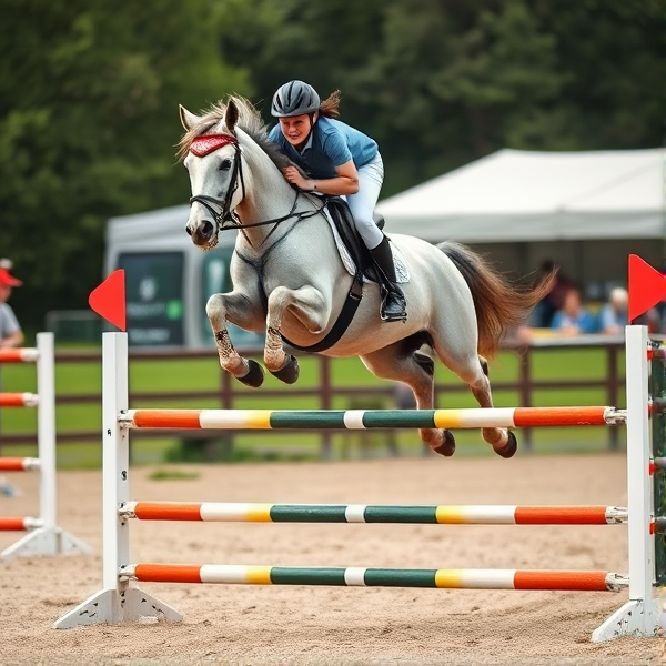 teenager jumping tiny pony over a very small showjump