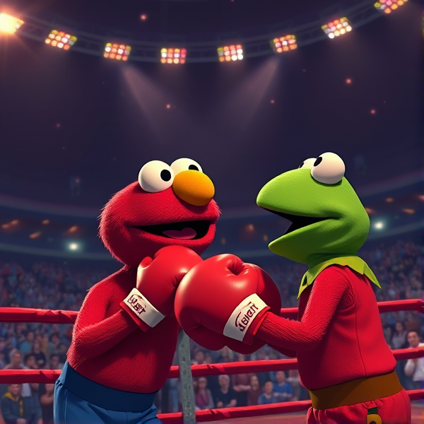 Elmo boxing Kermit the Frog in a stadium at night with lots of people watching