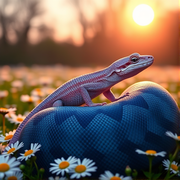 A light purple crested gecko on a dark blue and rainbow shimmer ball python in a field of daisies and a sun glow behind them