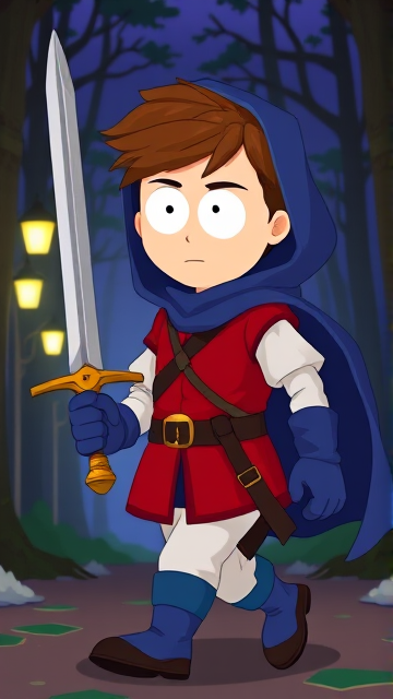 Clyde Donovan from South Park, light skin and brown hair, but as a 14-Year Old, dressed as a medieval prince with a red shirt with white sleeves, a black belt with a gold buckle, white pants, blue boots, blue long-cuffed gloves, and wreathed in a big blue hooded cape, now known as Prince Donovan. Despite still being a kid, he is the Youngest Ruler of South Park, Colorado, but now reborn as the real life Kingdom of Kupa Keep, Zaron, and Prince Donovan is its youngest and greatest hero. His weapon is the legendary enchanted sword called the Sword Of Zaronia, which he swings with pride as he slashes his enemies down to size. The young teenage prince of Kupa Keep is currently walking through the forest at night, on a quest to find a mysterious enchanted artifact.