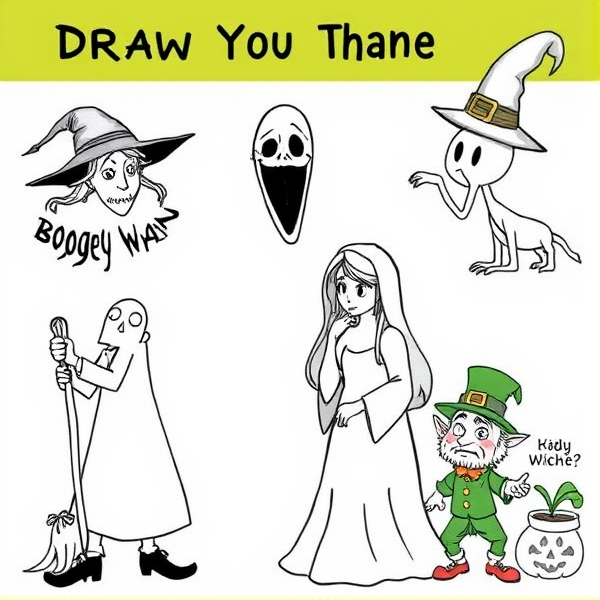 Draw a fun image of a witch, a boogey man, a chupacabra, a lady in white with hair down crying and a leprechaun