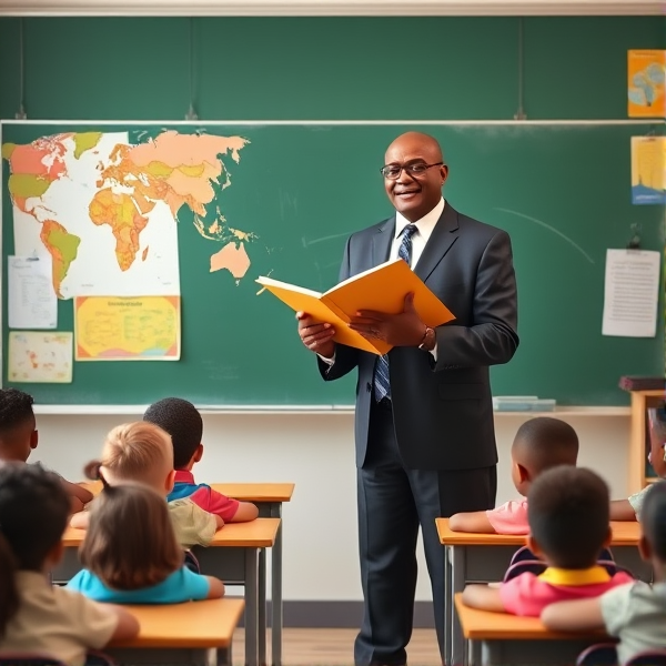 Directeur d'école afro-américain debout tenant un classeur ouvert dans ses mains portant un costume formel, dans une salle de classe avec un tableau vert, s'adressant  à un groupe d'élèves afro-américaines attentives de huit ans assises à leurs pupitres. Ils sont entourés de matériel pédagogique adapté à leur âge, comme des cartes géographiques, des affiches éducatives et des dessins d'enfants accrochés aux murs. La scène dégage une atmosphère chaleureuse et encourageante.