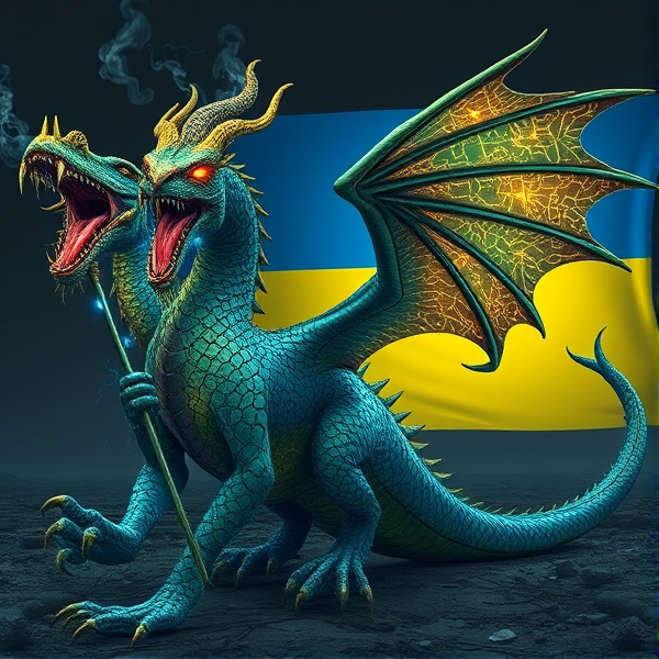 An intricately designed, streamlined wyvern, with a wing on each side of its body. The wyvern's scales are a masterpiece of detailed circuit patterns that shimmer with a lifelike electrical pulse. From its nostrils, ethereal streams of digital smoke curl upwards, timed with the deep, resonant roars that showcase its electrified sharp fangs. The wyvern is holding a Caduceus staff in one hand. As a respectful nod to tribute and unity, incorporate elements of the Ukrainian flag within the composition. This majestic creature resides in a desolate post-apocalyptic landscape that accentuates its powerful presence. In the background is the Ukrainian flag, a rectangle, with the top half blue and the bottom half yellow.
