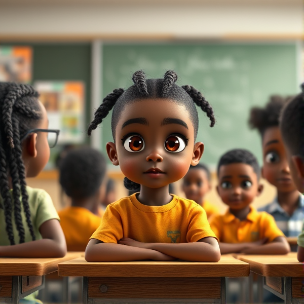 des filles noires avec des tresses africaine et garçons assis dans une classe face au tableau