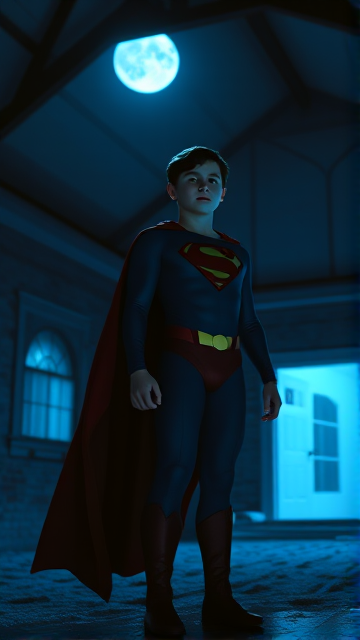 1990's Movie Scene: Jon Kent, AKA Superboy, the young little 12-year old super son of Superman, and the first kid to be born as the world's first Half-Kryptonian child, with an extremely muscular body, the iconic costume, the singular curled bang sticking out at the front of his flat and smooth hair, and a long cape, standing in an abandoned house at night, looking for clues to the mystery he is trying to solve.
