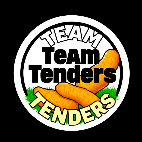 Créez un logo circulaire et dynamique pour un club de football fictif appelé Team Tenders. Le design doit incorporer une image stylisée et appétissante de tenders de poulet bien dorés et croustillants, comme s'ils sortaient tout droit d'une friteuse. Les tenders doivent être intégrés harmonieusement dans le logo, créant ainsi une connexion visuelle avec le nom du club. Utilisez des couleurs vives mais pertinentes pour le thème du football et de la restauration rapide, telles que le vert gazon vibrant pour évoquer un terrain de foot, le rouge tomate éclatant ou même le jaune doré rappelant la panure croustillante des tenders. Incluez également une typographie audacieuse et moderne qui met en avant le nom "Team Tenders" en superposition ou en interaction directe avec l'illustration des morceaux de poulet. Le tout doit dégager une impression de convivialité, d'énergie et d'esprit sportif tout en restant professionnel et attrayant pour les fans de tous âges.
