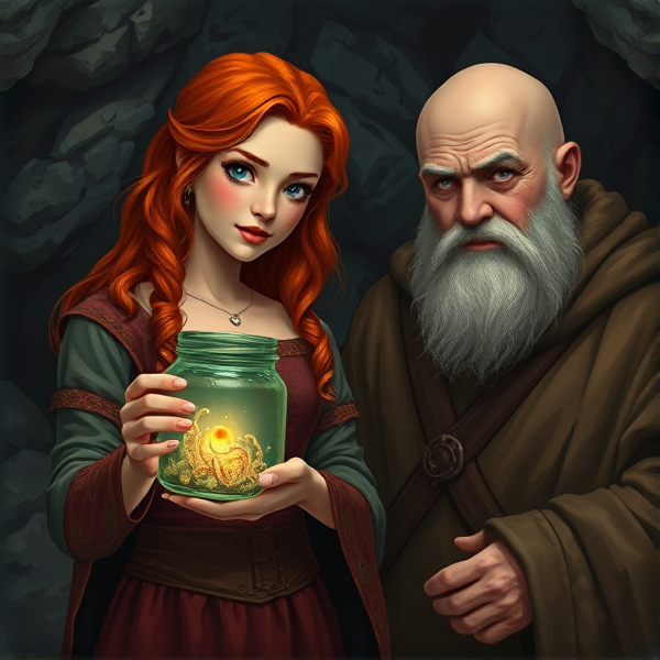 Red haired Caucasian Arthurian princess holds a jar of glowworms in a cave with a plump elderly bald male monk