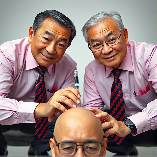 Deux hommes d'affaires chinois  âgés, , sont accroupis en avec des cravates élégantes à rayures bleues et rouges. Ils fixent la caméra avec confiance, une expression sérieuse sur leur visage, tout en tenant fermement une seringue plantee dans une tête non visible dans le cadre. La photographie est prise en contre-plongée pour mettre en évidence leur posture imposante. Leurs chemises sont d'une teinte rose  et ils affichent un sourire contraint qui trahit une certaine froideur.