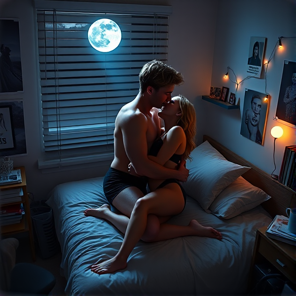 A serene moonbeam, shimmering with a silvery-blue hue, slips through the half-open blinds of a quintessential college dormitory window, casting a celestial spotlight on an intimate vignette within. The room is steeped in the quietude of night, where every soft whisper and gentle breath feels amplified in the stillness. In this tranquil ambiance, an attractive young couple finds solace as they lie in each other's arms upon a twin bed that creaks softly under their shared weight. They lie entwined in a tender and delicate embrace that speaks volumes of their affection.

The man, his bronzed skin glowing under the moon's kiss, possesses an athletic build that harks back to the idealized forms celebrated in classical Greek sculpture—sculpted muscles defined and taut, his stature commanding yet inviting. He dons only a pair of fitted black boxer briefs which highlight his lean waistline and the robust power residing in his thighs. His hair is like spun gold, catching flecks of lunar light, adding to his statuesque allure—a true embodiment of Adonis brought to life.

Beside him, the woman exudes strength and femininity; her athletic frame curves with supple grace beneath the fine lacework of her black lingerie. The intricate patterns of lace play upon her skin as if shadows cast by branches swaying outside their window. Her bright blonde hair fans out on the pillow like radiant threads weaving into the darkness around them. Together they engage in passionate love-making—the missionary position allowing for an intense and heartfelt union. His fervent kiss meets hers with profound yearning while he supports himself above her with strong arms that emphasize his defined biceps and forearms, careful not to crush her beneath his devoted ardor.

Their surroundings tell tales of academic life—a poster-plastered wall featuring bands and art prints; a desk cluttered with textbooks reflecting faint ghostly images from its glossy surfaces; electronic devices charging silently amidst scattered notebooks; worn backpacks slumped against the wardrobe; strings of unlit fairy lights draped haphazardly along shelves holding mementos from home—and yet these mundane details are but shadows in the glow surrounding them as they celebrate their deep emotional connection amid physical communion.

Around them lies evidence of youthful habitation: simple furniture—a sturdy desk laden with academic paraphernalia; mismatched chairs; an overflowing laundry hamper—flanked by walls adorned with posters displaying abstract designs or favorite musicians. These adornments bear witness to countless hours spent studying or relaxing between lectures yet now serve merely as understudies to this night's performance by two hearts intimately linked.

The entire scene radiates warmth despite its minimalist dormitory trappings—an unassuming backdrop punctuated by personal touches such as stacked textbooks bearing creased spines from frequent use or photographs pinned haphazardly against corkboards showcasing beaming faces caught mid-laughter—all surrounding this deep emotional and physical bond captured under moonlight's forgiving gaze.

Before generating, think about what a human face looks like. Also, lips so touch when kissing.