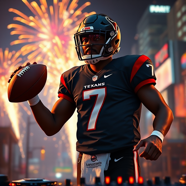 Animated black quarterback wearing number 7 jersey for Houston texans holding a football and DJing. Pyrotechnics and lights in background
