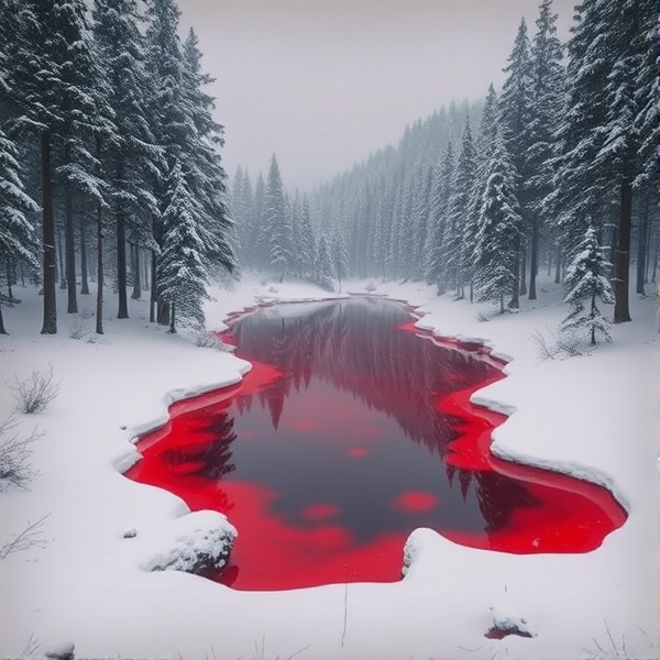 Un lac rouge sang dans une forêt enneigé