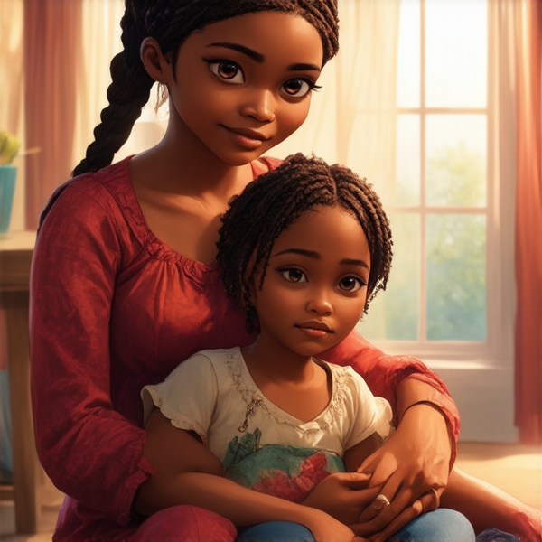 An 8-year-old African girl with intricate traditional braided hair, sitting comfortably on her mother's lap, both exuding a warm and nurturing atmosphere. The mother is depicted as loving and protective, embracing her daughter in a cozy, homelike setting