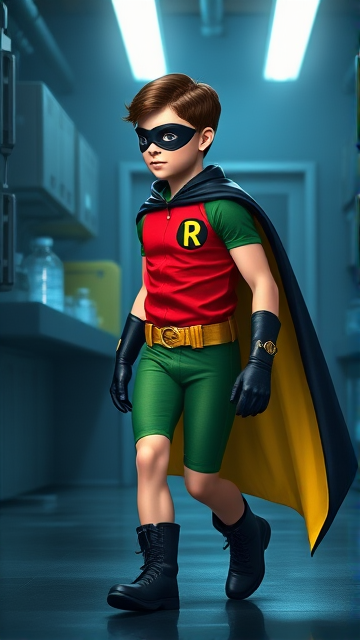Movie Scene: A medium, preteen 12-year old boy with light skin and dark brown hair named Connor Bardley, but dressed as Robin, The Boy Wonder, with an extremely muscular body, a sleek green suit with a red torso with a black circle with a yellow R symbol on his left pectoral, a gold utility belt, black boots, black long-cuffed gloves, a really big, heel-length long, ultra-wide cape that's black on the outside and yellow on the inside, and a black eye mask. He has a special code: HE DOES NOT KILL. Young 12-year old Connor Bardley, now Robin, The Boy Wonder, is seen walking through a dark laboratory at night, looking for clues to the mystery he is trying to solve.