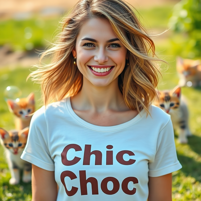 séance photo humoristique d'une femme blanche souriante portant un T-shirt de style estival avec l'inscription "Chic Choc" en gros caractères, coiffure décontractée ébouriffée par une légère brise, en arrière-plan des chatons jouent avec des bulles de savon