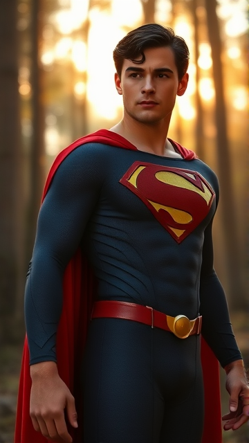 1990's Cinematic Movie Scene: Jon Kent, AKA Superboy, the young little 12-year old super son of Superman, and the first kid to be born as the world's first Half-Kryptonian child. Despite being a kid, he has all of his father's powers, with an extremely muscular body, the iconic costume, the singular curled bang sticking out at the front of his flat and smooth black hair, and a long cape. He is currently standing in the forest, ready for action as he waits intently for his Super Hearing to pick up a distant cry for help.