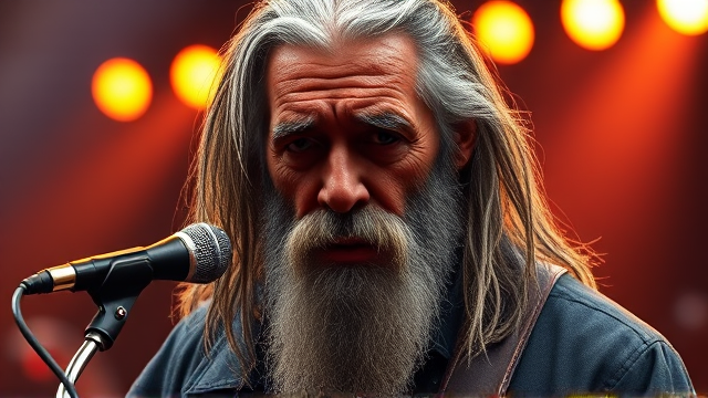 Create a highly detailed 3D rendering of an aged Chicago blues singer with long, unkempt gray hair and a long beard, muscles. On stage with Michael Jackson, superman and Elton john. Marg Simpson on drums