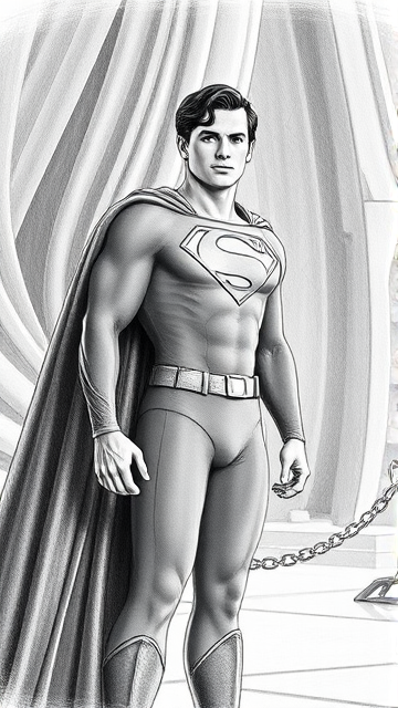 1990's Cinematic Movie Scene: Jon Kent, AKA Superboy, the young little 12-year old super son of Superman, and the first kid to be born as the world's first Half-Kryptonian child. Despite being a kid, he has all of his father's powers, with an extremely muscular body, the iconic costume, the singular curled bang sticking out at the front of his flat and smooth black hair, and a long cape. The young little Half-Kryptonian, Jon Kent, now Superboy, stands in his secret icy crystal lair in the Arctic, the Fortress Of Solitude, ready for action as he prepares to take flight for the first time so he can honor his deceased father's legacy and fulfill his destiny.