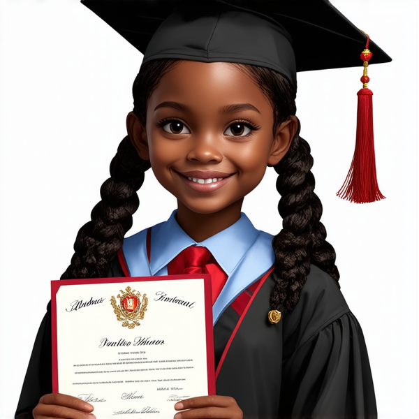 jeune fille noire de huit ans avec des tresses africaines traditionnelles, habillée élégamment pour une cérémonie de remise de diplôme, tenant son certificat, souriante et fière
