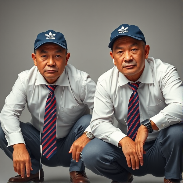Deux  différents hommes d'affaires japonais puissants mature  accroupis et faché  portant des casquettes Adidas  et des cravates rayées longues  bleue rouge et oreillettes Apple 
Ils sont complices et conquérants , ils dominent 
 , accroupis pas trop et regard fort