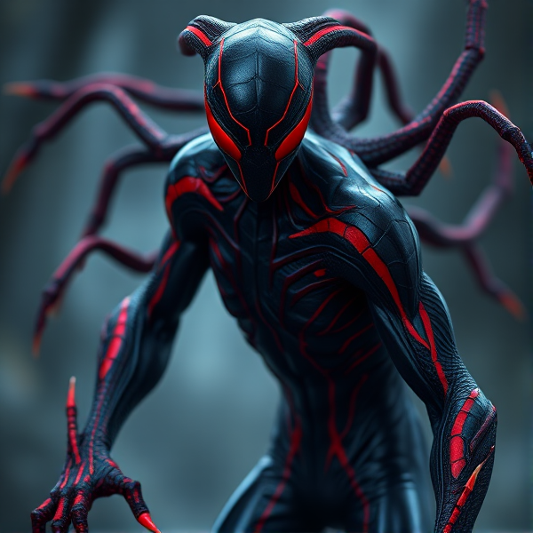 Créer une image d'un symbiote noir et rouge avec Un picotement dans les bras et les yeux rouge