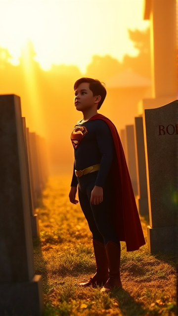 1990's Movie Scene: Jon Kent, AKA Superboy, the young little 12-year old super son of Superman, and the first kid to be born as the world's first Half-Kryptonian child, with an extremely muscular body, the iconic costume, the singular curled bang sticking out at the front of his flat and smooth hair, and a long cape, standing in a graveyard, visiting the grave of his legendary, deceased father, and promises to take his place in the world and carry on his legacy through himself.