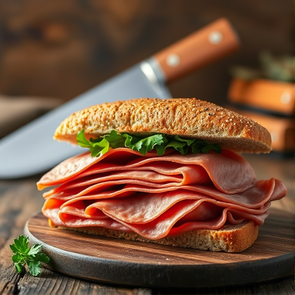 Bologna thick cut sandwich with machete New york in background