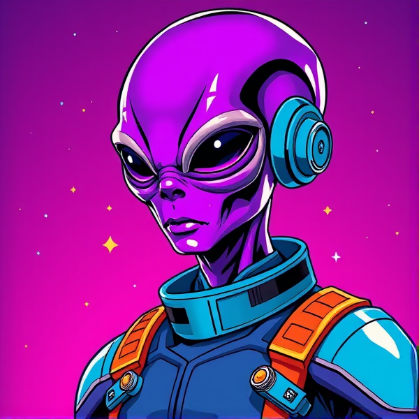 Purple alien in high tech suit human like