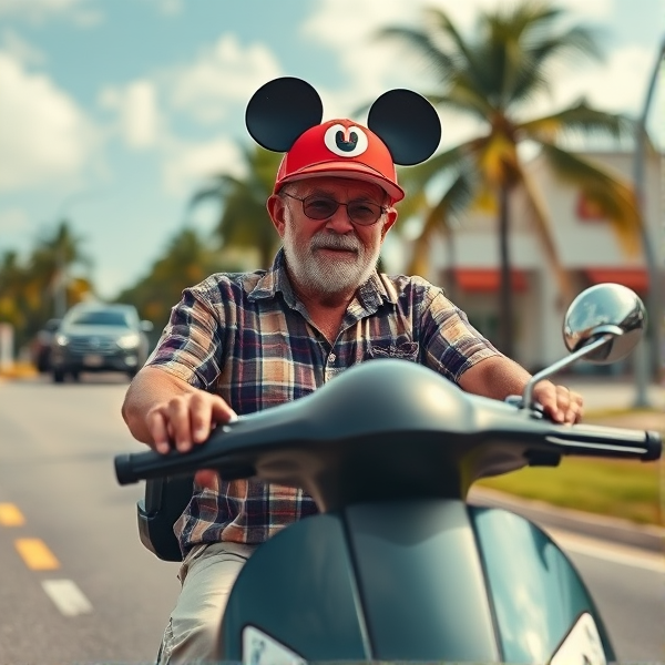 Ryan Kinel - RK Outpost is a old man on a scooter driving in Florida in a hot summer day wearing a Mickey mouse hat.