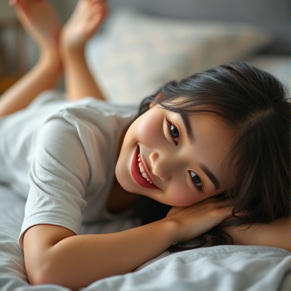 An Asian young lady laying on her tummy on the bed smiling at the camera